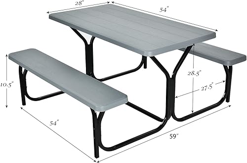 Miniatura 8 de Giantex Juego de banco de mesa de picnic para acampar al aire libre, para todo tipo de clima, base de metal, textura similar a la madera, patio