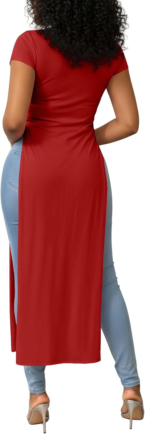 OPOIPIN Women's Crew Neck Split Slit Hem Short Sleeve Slim Fit Tee Top Long Shirt Tunic - Image 5