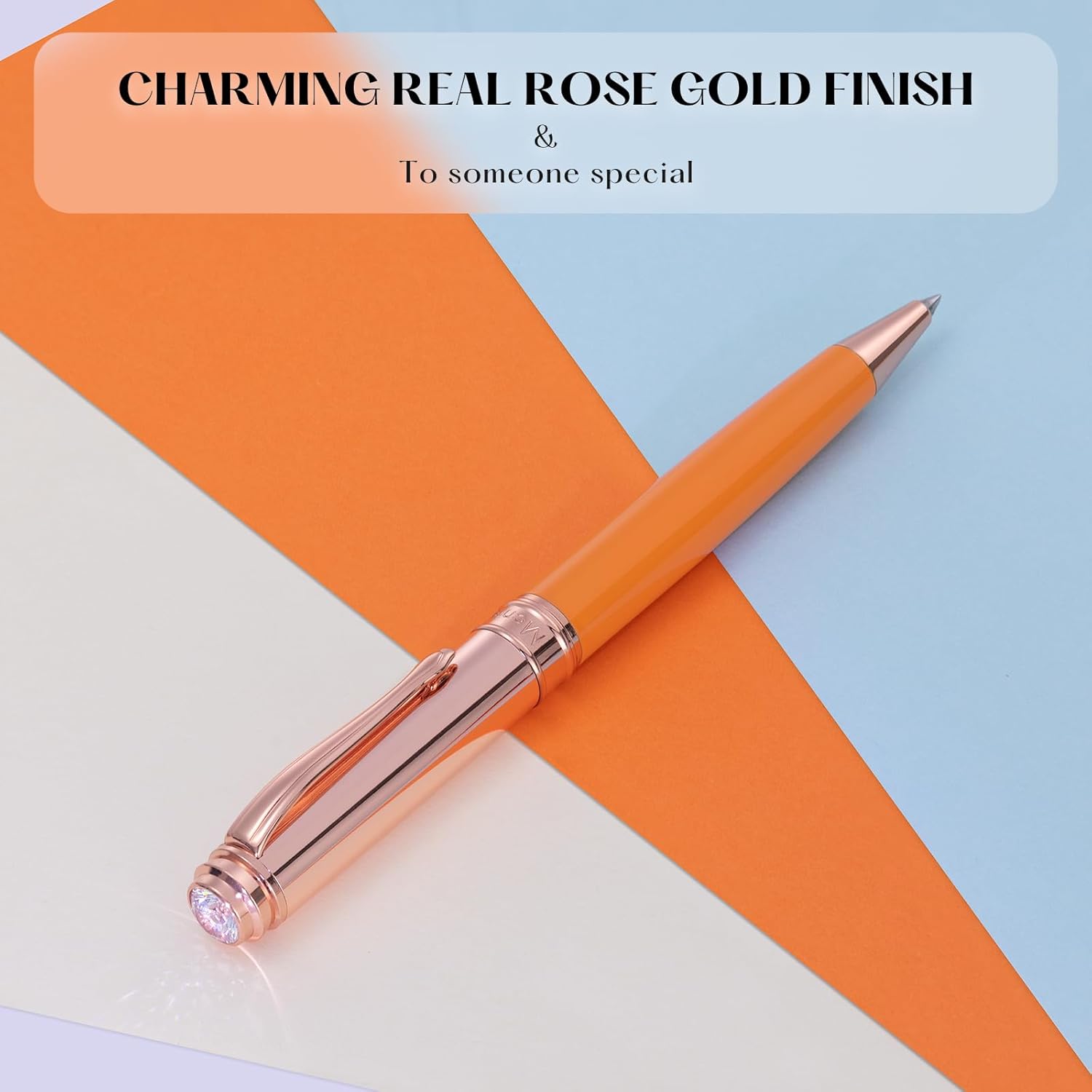 Luxury Gel Pen, Top Set With 8mm Brilliant Diamond,Bright Orange Pen Lacquer,Rose Real Gold Finish, Black Refill,Elegant Gift Pen For Women, Unique, Office,Nice Designer Pens - Image 2