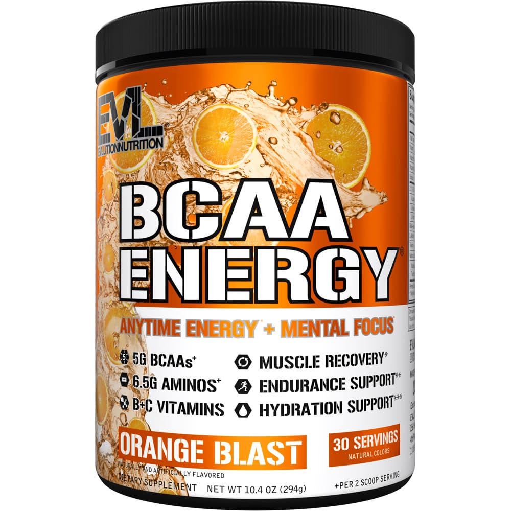EVL BCAAs Amino Acids Powder - Rehydrating BCAA Powder Post Workout Recovery Drink with Natural Caffeine - Pre Workout Powder for Muscle Recovery Lean Growth and Endurance - Orange Blast