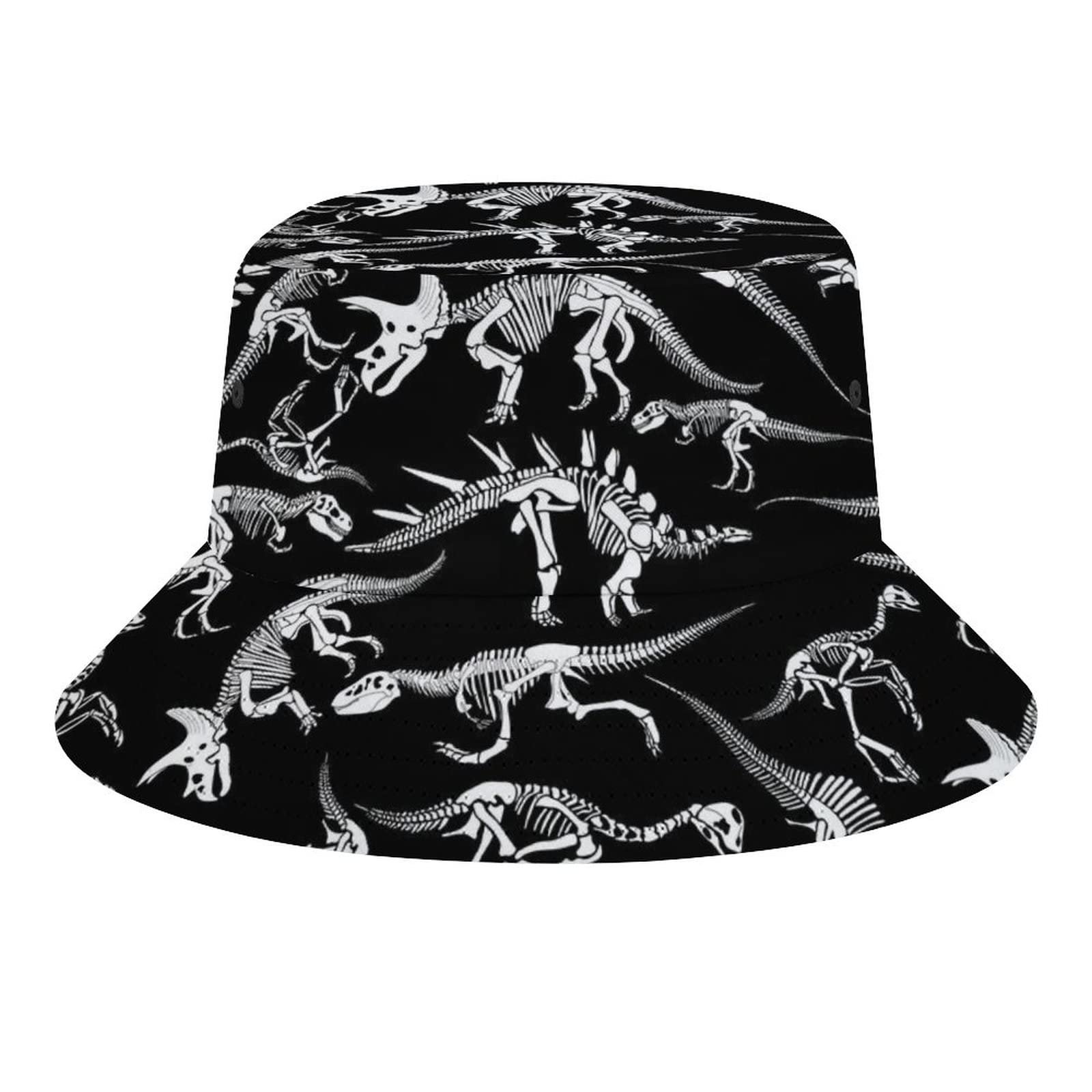 Unisex Bucket Hat Beach Sun Hat Aesthetic Fishing Hat for Men Women Teens, Reversible Sun Hats Compatible with Black and White Dinosaur Skull Skeleton Bucket Hat