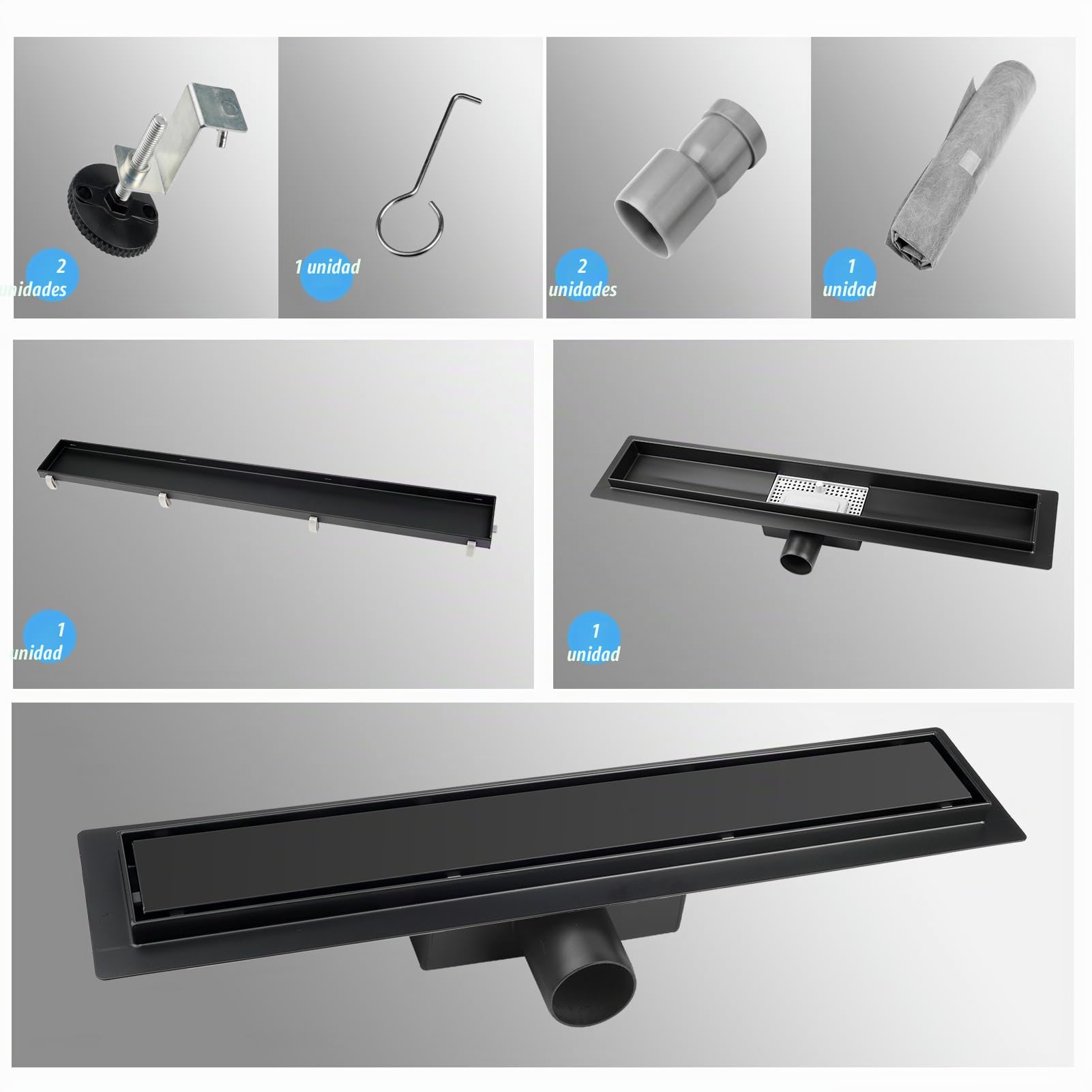 Canaleta de Ducha 60cm,2 en 1 Desagüe de Ducha de 304 Acero INOX | Negro,Kit Completo, Filtro Antiolores y para Cabello,Insertable en Azulejos, Drenaje Rápido, Fácil de Limpiar