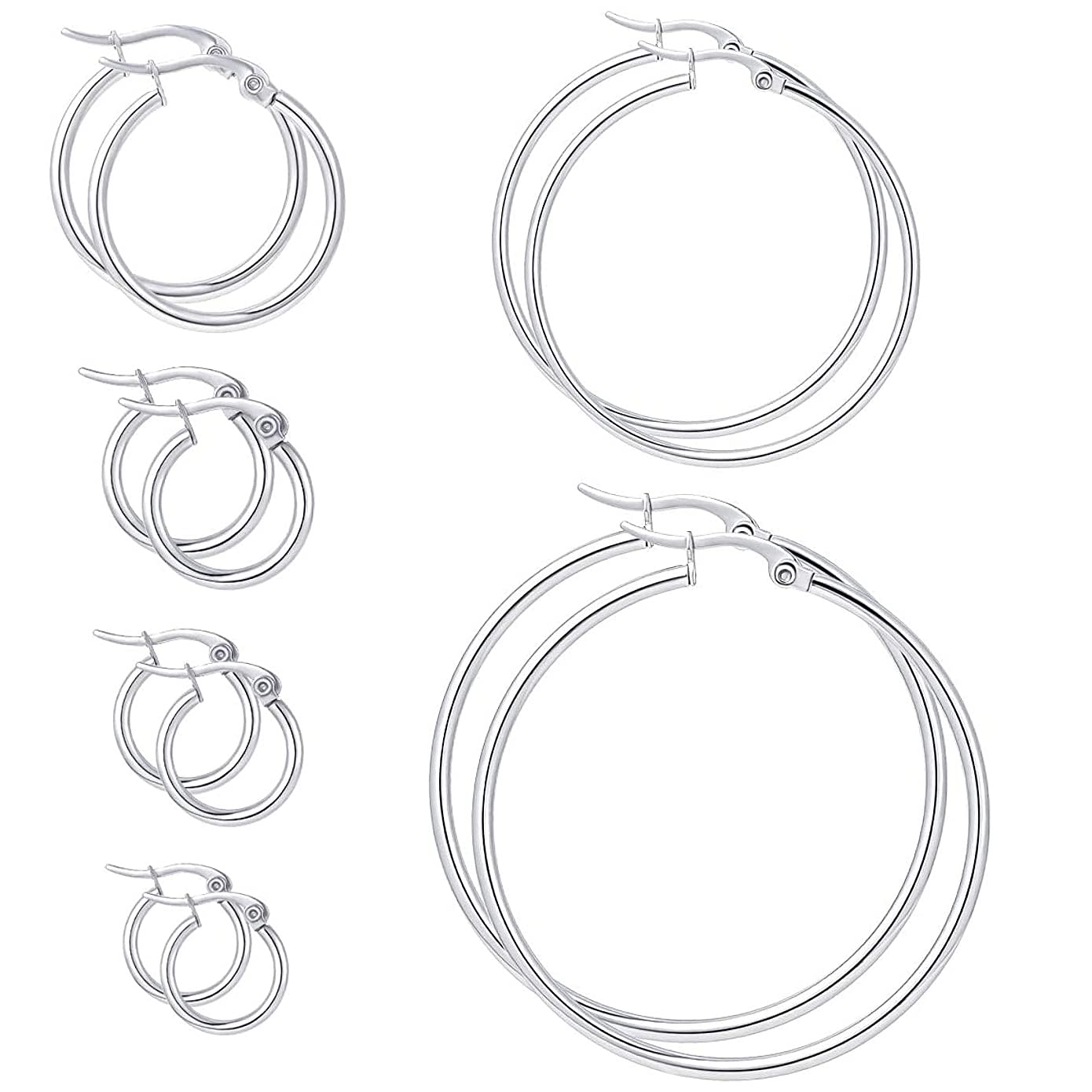 Silver Hoops Earrings for Women, 6 Big Pairs Stainless Steel Hoop Earrings, Thin Hypoallergenic Oversize Earrings Jewelry for Women Girls(Size: 15/20/30/40/50/60mm)