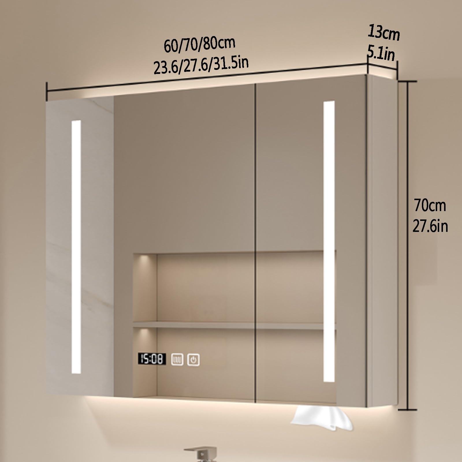 Armadietto da bagno con specchio a LED con funzione anti-appannamento, specchio da parete con illuminazione a tre colori, display per tempo e temperatura, porta fazzoletti