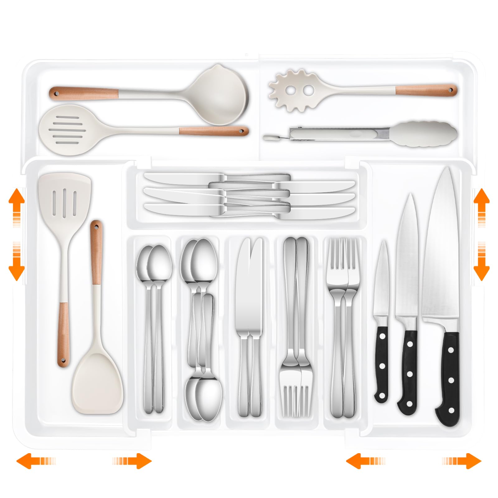 Cassetta portaoggetti per cassetti, grande portaposate espandibile per la cucina, inserto regolabile per cassetti, accessori da cucina, inserto separatore, grande (bianco trasparente)