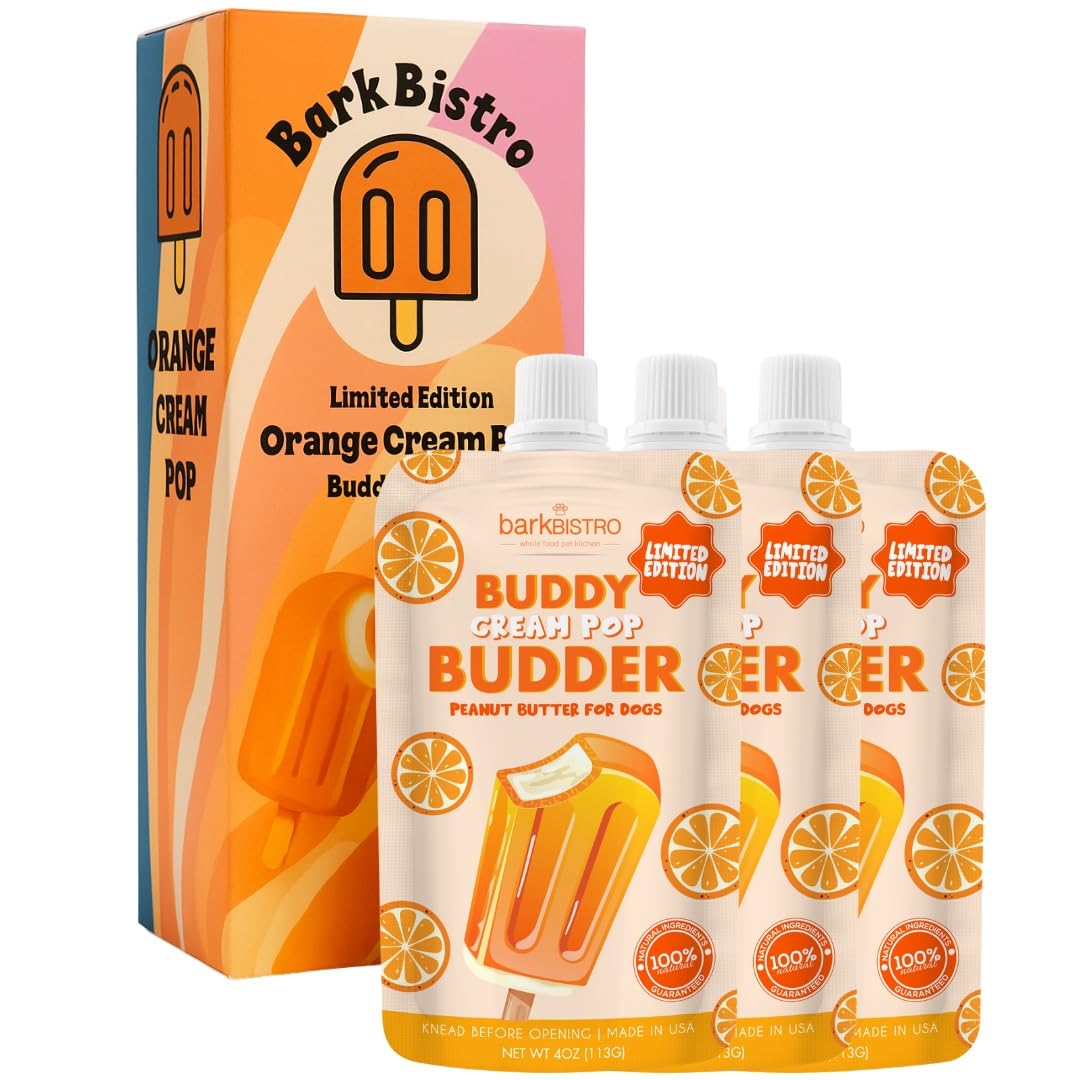BUDDY BUDDER Bark Bistro Orange Cream Pop, Limited Edition Dog Peanut Butter, All Natural, 4 oz Pouches, 3 Count