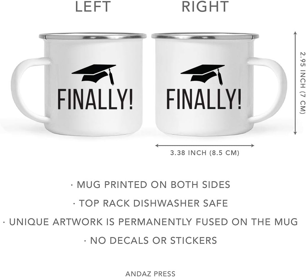 Andaz Press 11oz. Graduation Stainless Steel Campfire Coffee Mug Gift, Finally!, Graduation Cap Graphic, 1-Pack, Includes Gift Box, Enamel Camping Cups for Graduates School Students of Class of 2026