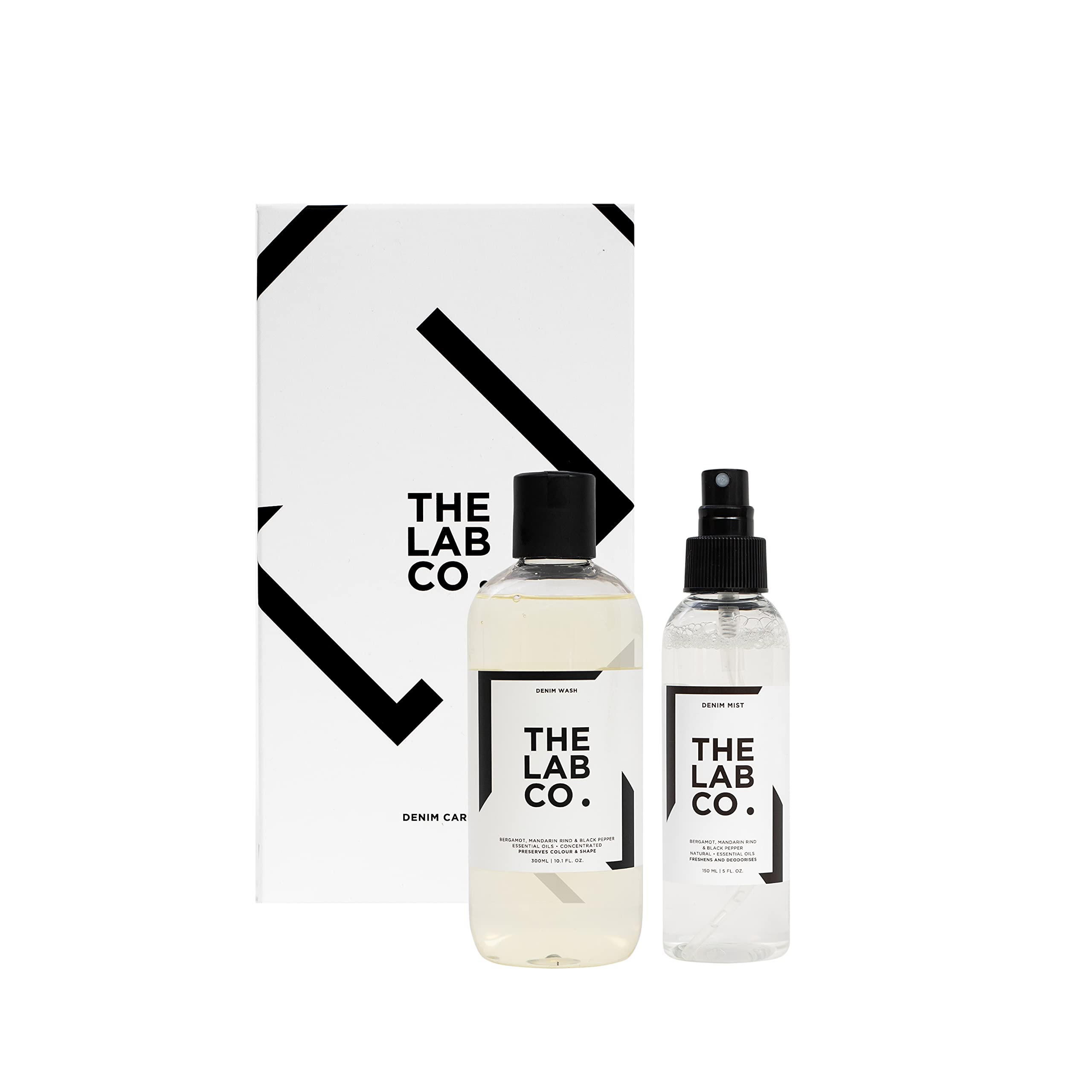 Denim Care Kit - Non-Bio Laundry Detergent Wash 300ml and Fabric and Textile Dedoriser Freshener Mist Spray 150ml. Bergamot, Orange & Black Pepper