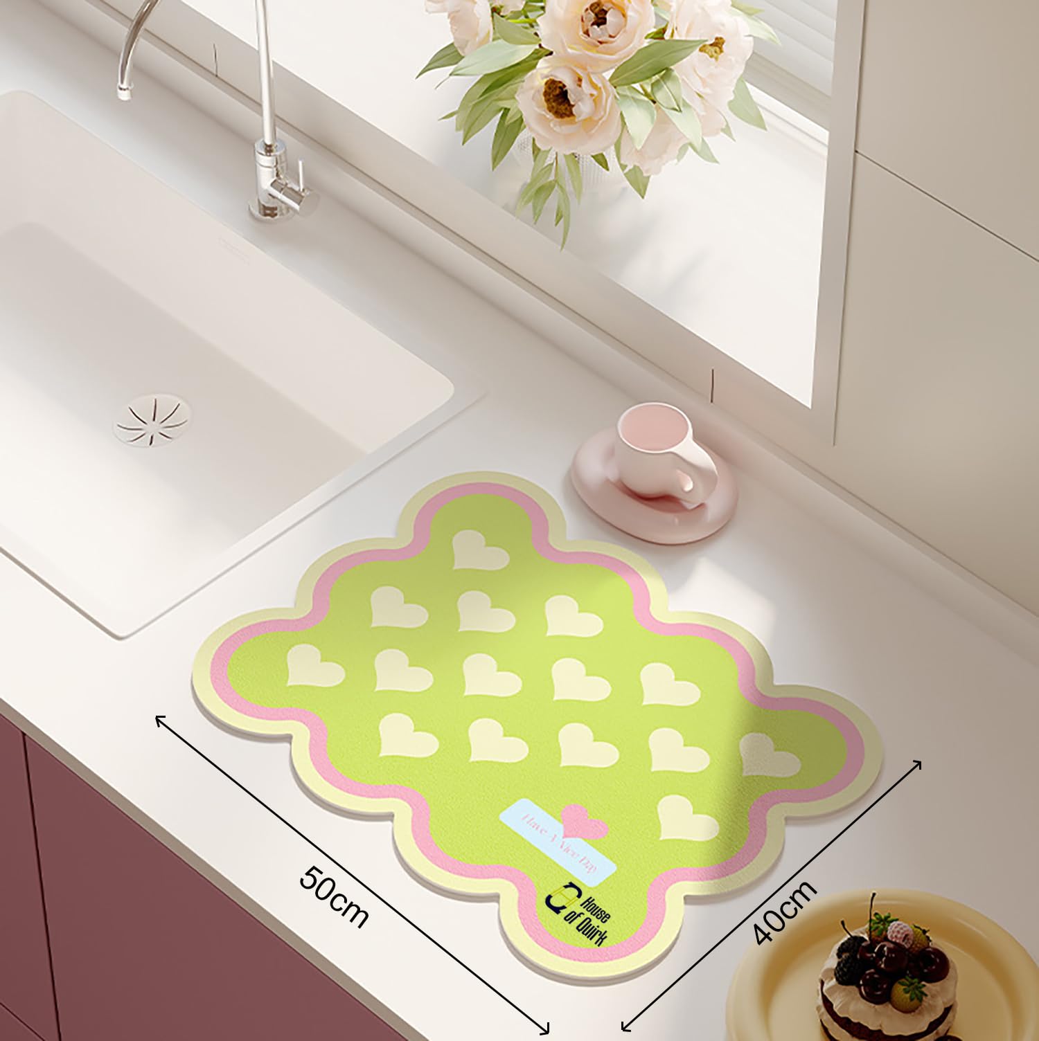 Cute Dish Drying Mat - Lime Heart Design -3