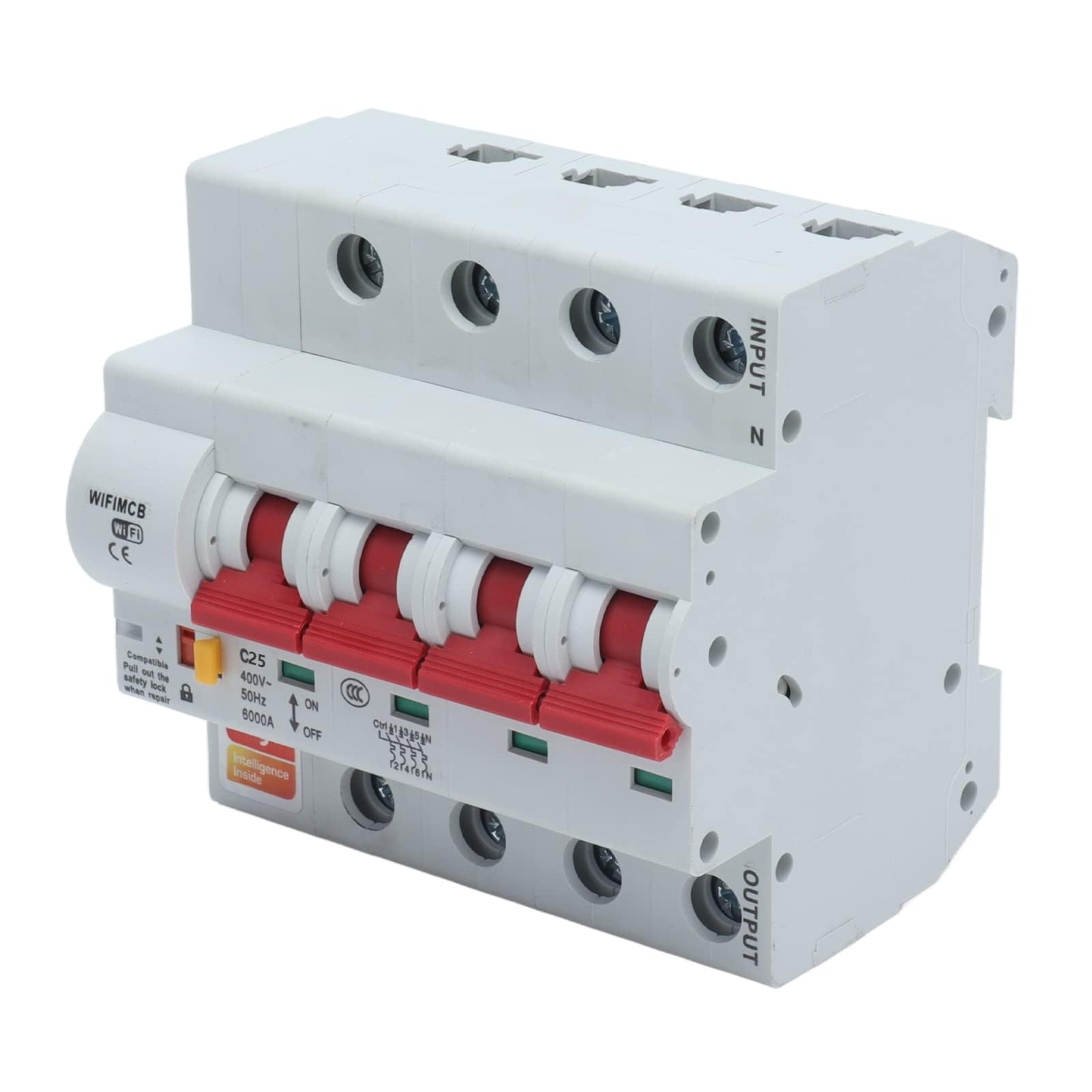 Disyuntor WiFi de 4 Polos Disyuntor de Control Remoto Disyuntor de Carcasa Ignífugo con Bloqueo de Seguridad AC400V Aislador para Energía((25A))