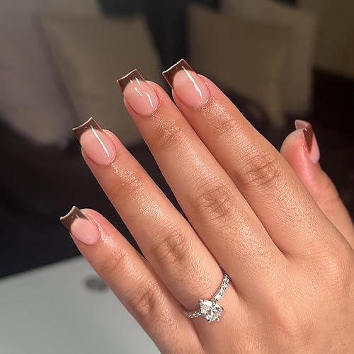 KQueenest 30 Pcs Dark Brown French Tip Press on Nails