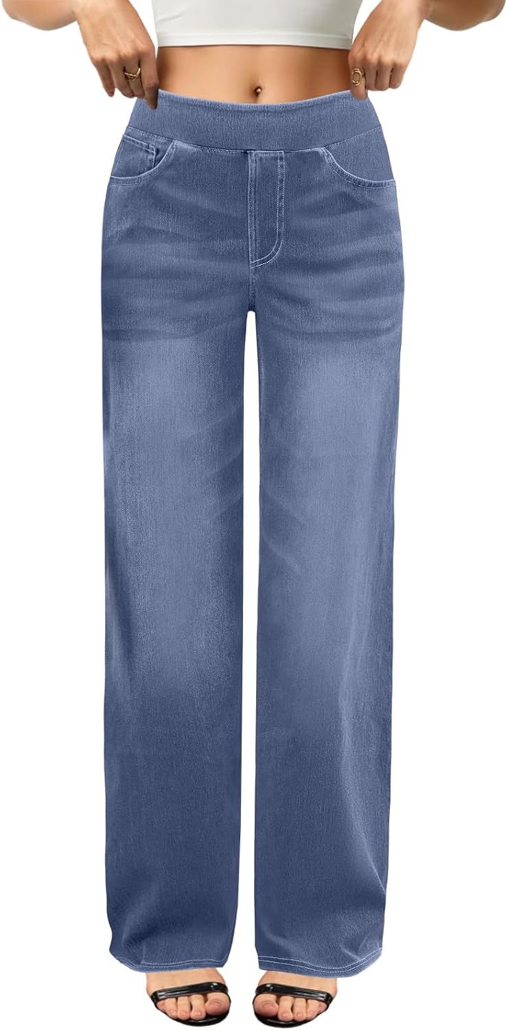 COPYLEAF Wide Leg Jeans Woman High Waisted Stretchy Baggy Sweatpant Jeans Pull On Straight Leg Loose Trendy Denim Pants