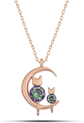 NEREZE 925 Sterling Silver Mystic Topaz Stone Cat Necklace on the Moon