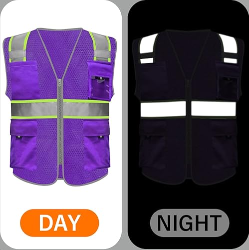 Miniatura 4 de HYCOPROT Chalecos de seguridad reflectantes de malla de alta visibilidad con bolsillos y cremallera, cumple con las normas ANSIISEA
