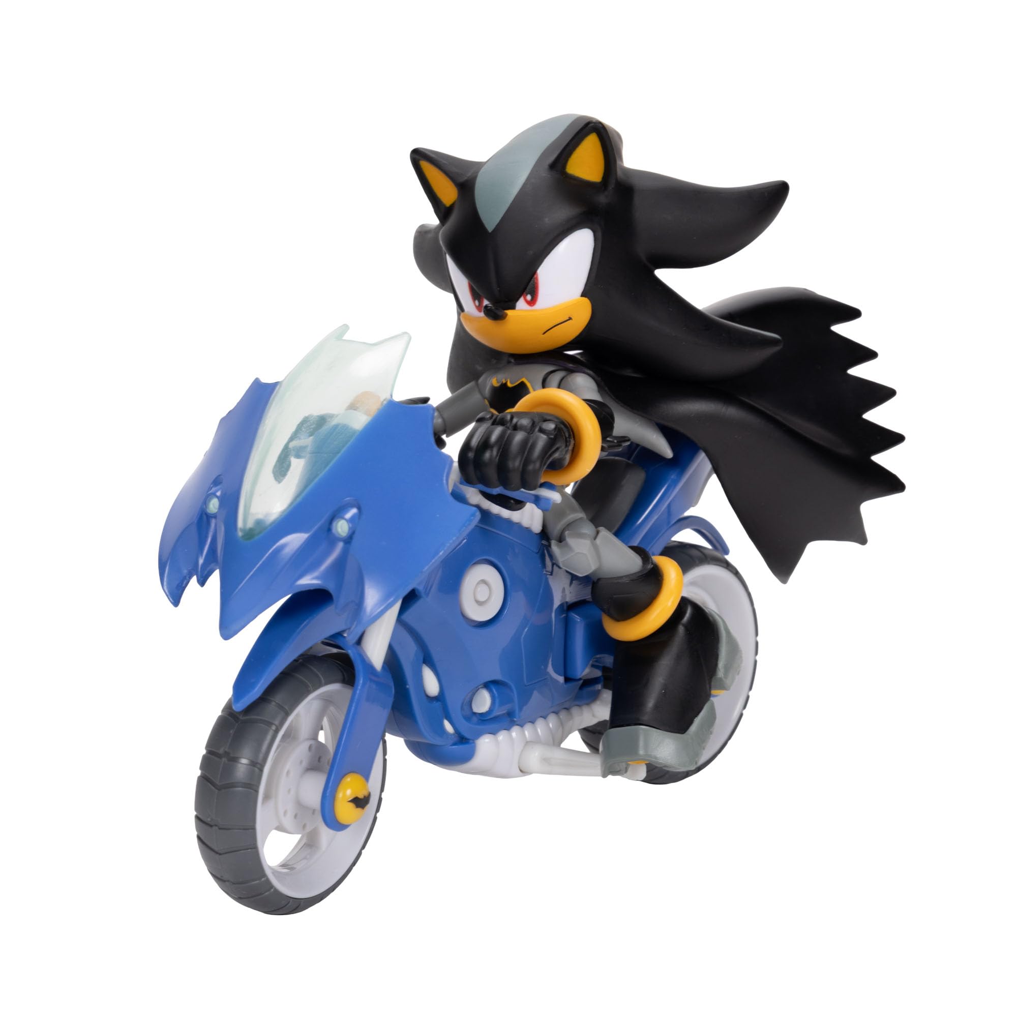 Coffret Figurine articulée DC x Sonic Shadow en Batman et Batcycle, Jakks Pacific, Comprenant Une Figurine Shadow de 12,7cm & Un véhicule interactif avec Roues Mobiles et béquille Fonctionnelle.