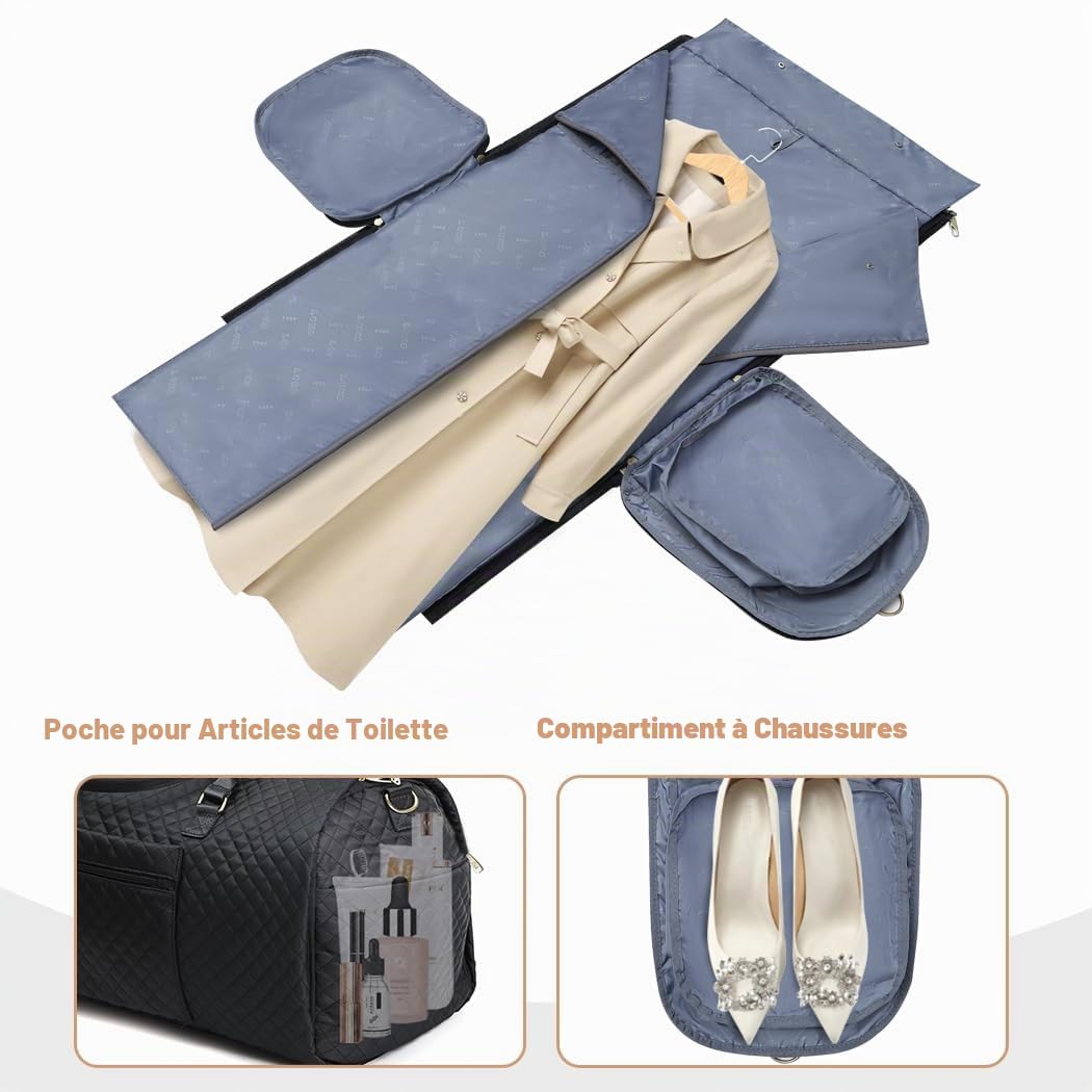 Lekeinchi Sac à Vêtements 2 en 1 pour Femme avec 6 Cubes de Rangement et Compartiment à Chaussures - Sac de Sport pour Avion - Grand Sac de Voyage Pliable pour Week-End, Voyage, Gym - Noir