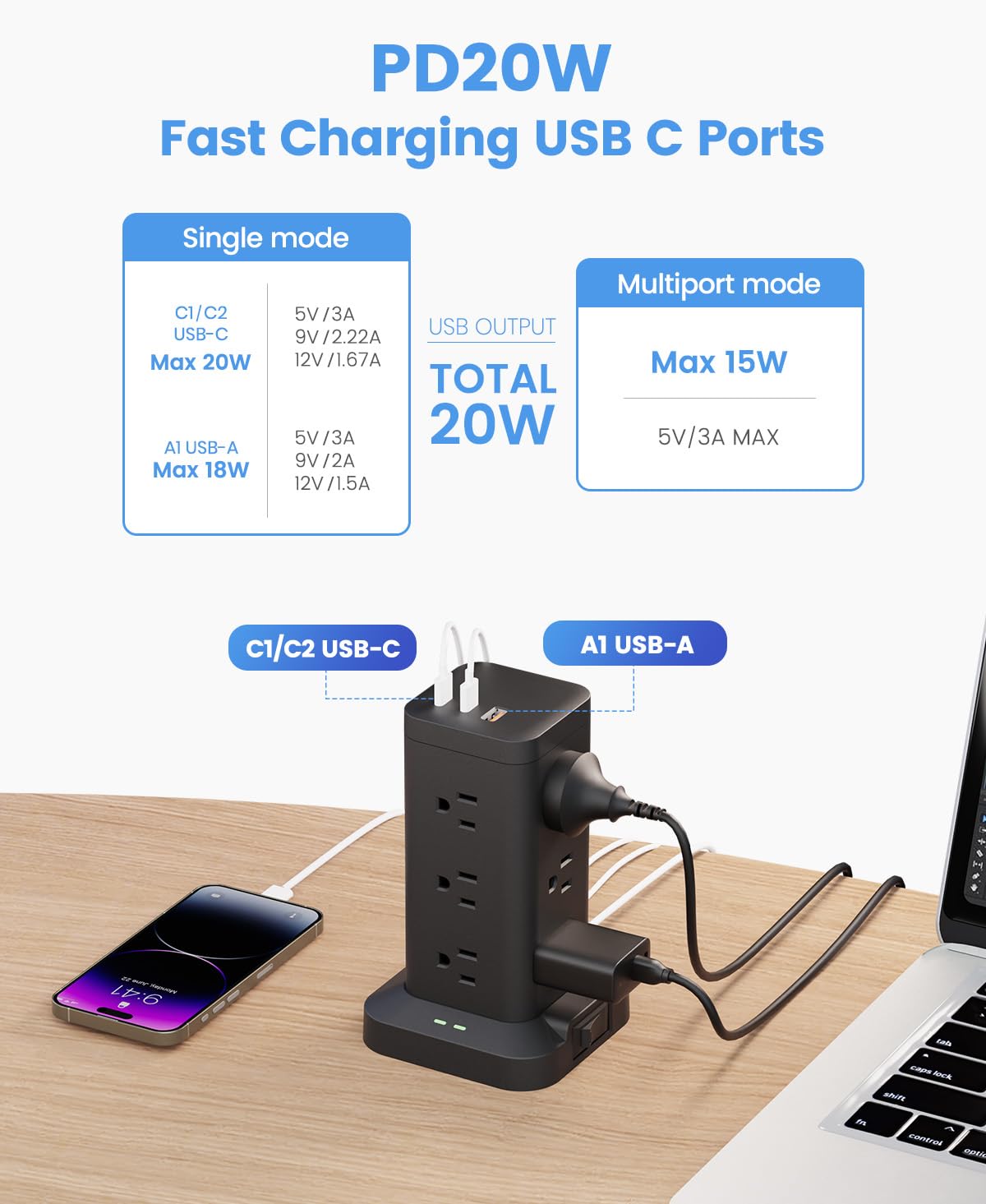 Wieża zasilająca z ochroną przeciwprzepięciową 1800J, wieża szybkiego ładowania PD20W USB-C z 12 gniazdami AC, przedłużacz 10 stóp do domu, biura, sypialni