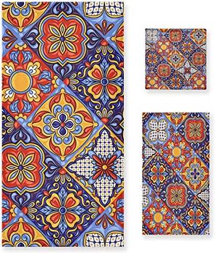 Qilmy 3-Piece Mexican Talavera Towel Set, Absorbent Soft Bathroom Decorative Towel Set with Bath Towel, Hand Towel & Washcloth