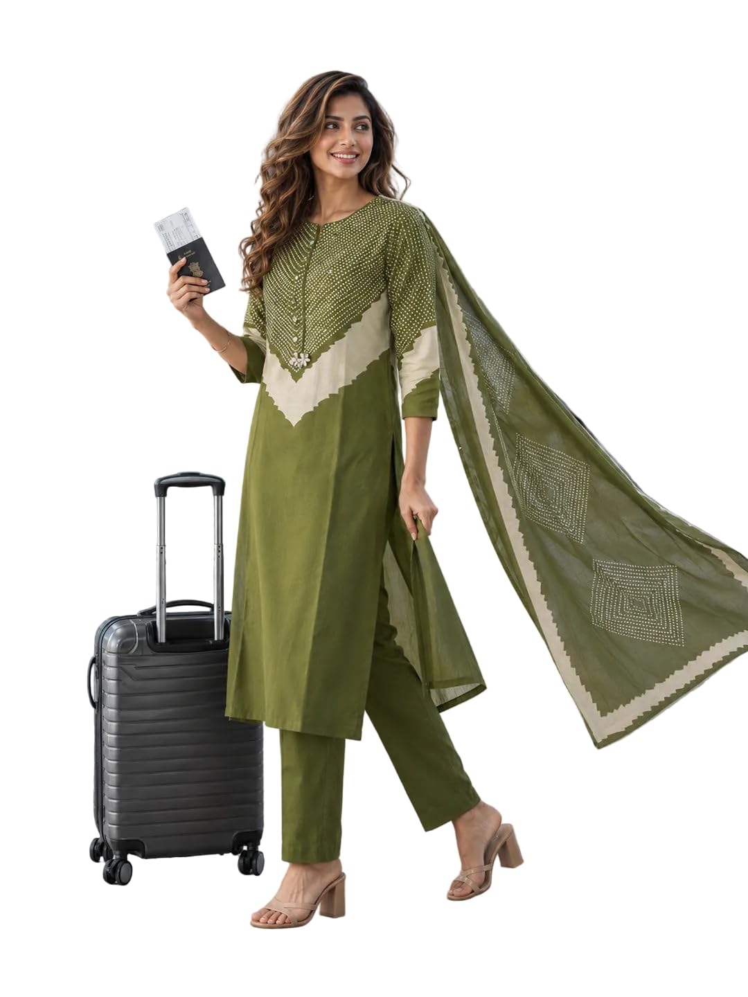 berrylicious Women Olive Cotton Printed & Mirror Embellished Kurta with pant & Dupatta-picture-27