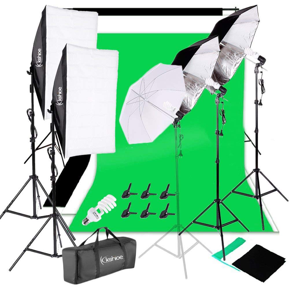 Bonnlo 45W Fotostudio Set, Rechteckige Softbox mit Weißem & Schwarzem Silber Regenschirm, 4 Lampen, 2 x 3 m Hintergrundständer, für Fotografie & Videoaufnahmen, mit Tragetasche