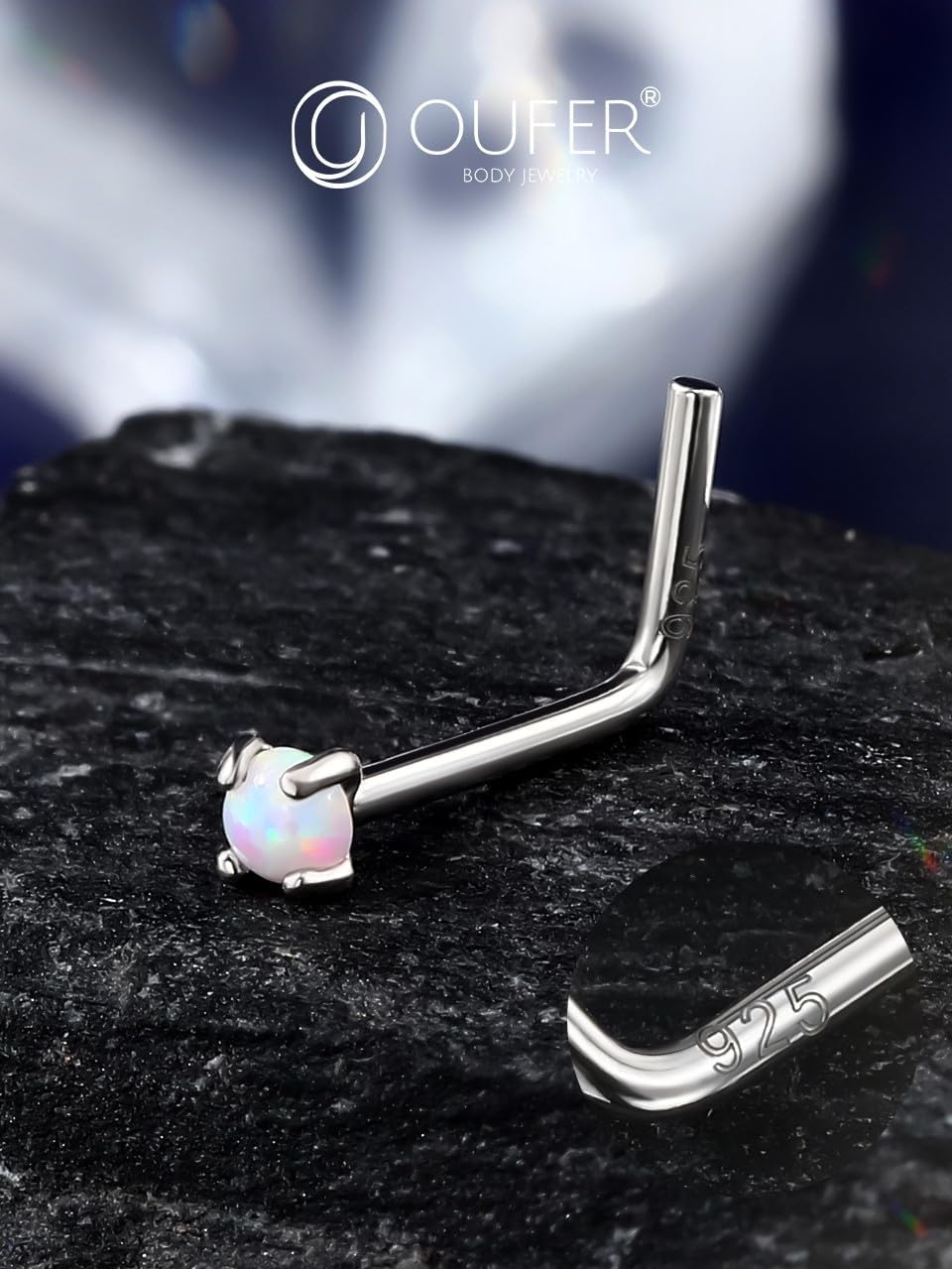 OUFER White Opal Nose Studs, 925 Sterling Silver Nose Rings, 20G Nostril Piercing Jewelry, Tiny Nose Rings Studs, 2mm Round Opal Nose Piercing Jewelry, Silver L-Shaped Nose Rings For Women Men-7mm - Image 5