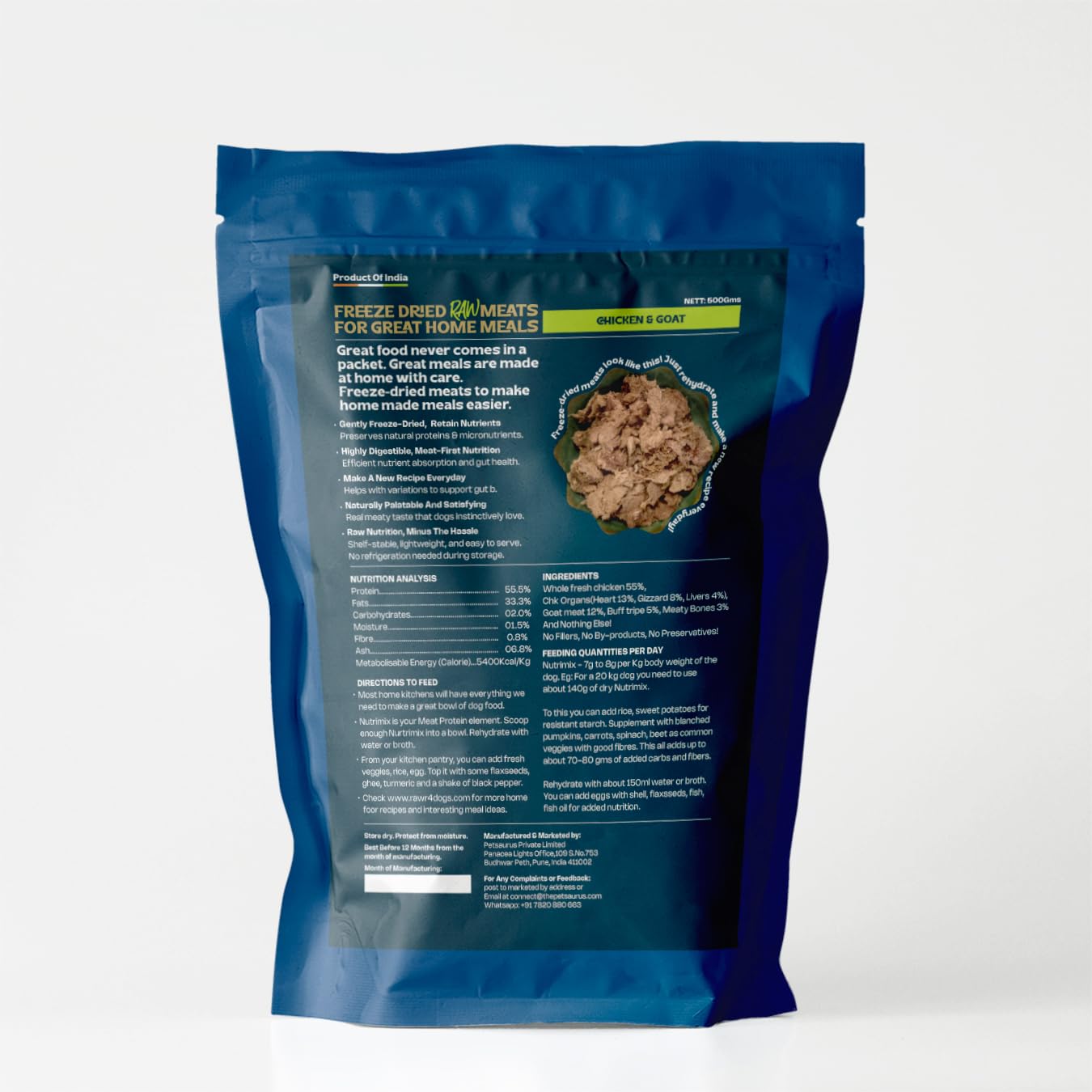 Rawr4Dogs | Nutrimix Freeze-Dried Meat Toppers | Chicken & Goat | for Home Cooked Meals | 54% Protein | Natural and Preservative Free | 500 GMS | Makes 1500 GMS When Mixed with Water