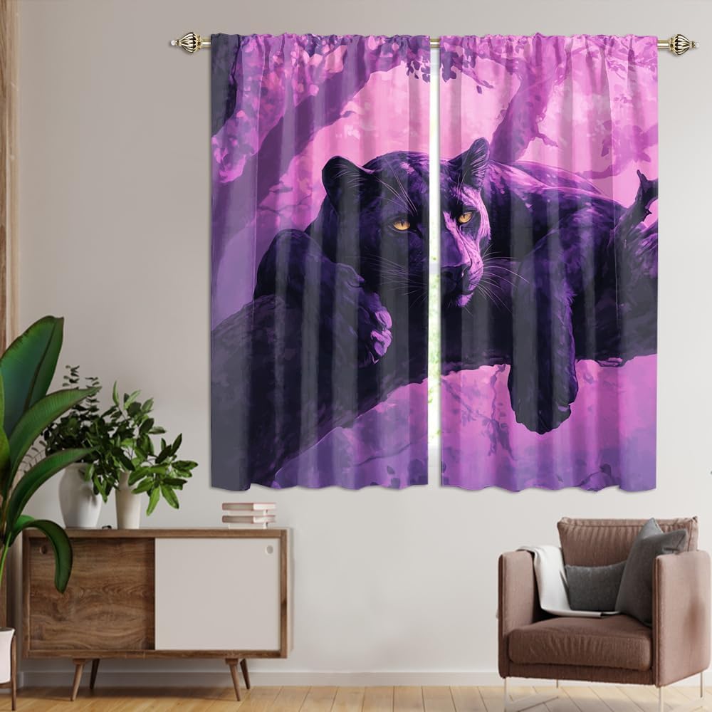 Abstract African Animal Panther Blackout Curtains,Rustic Purple Theme Forest Animal Panther Window Treatments Rod Pocket Thermal Insulated Room Blackout Curtains for Bedroom 2 Panels 45"L x 21"W