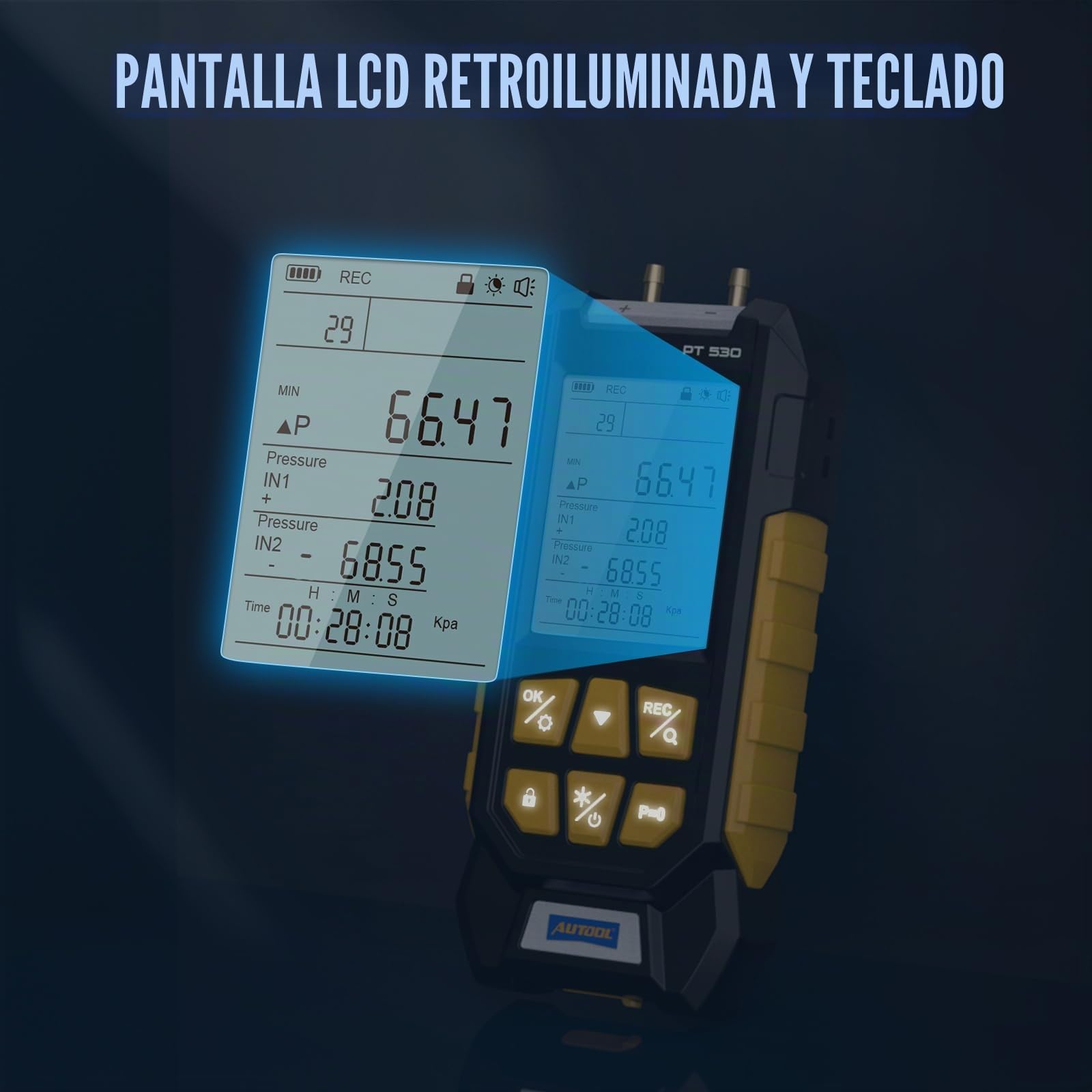AUTOOL Manómetro de presión de gas, manómetro digital HVAC de -100 a 300 Kpa, manómetro de pieza de campo diferencial dual, bloqueo de datos y almacenamiento con parte trasera magnética, 7 accesorios