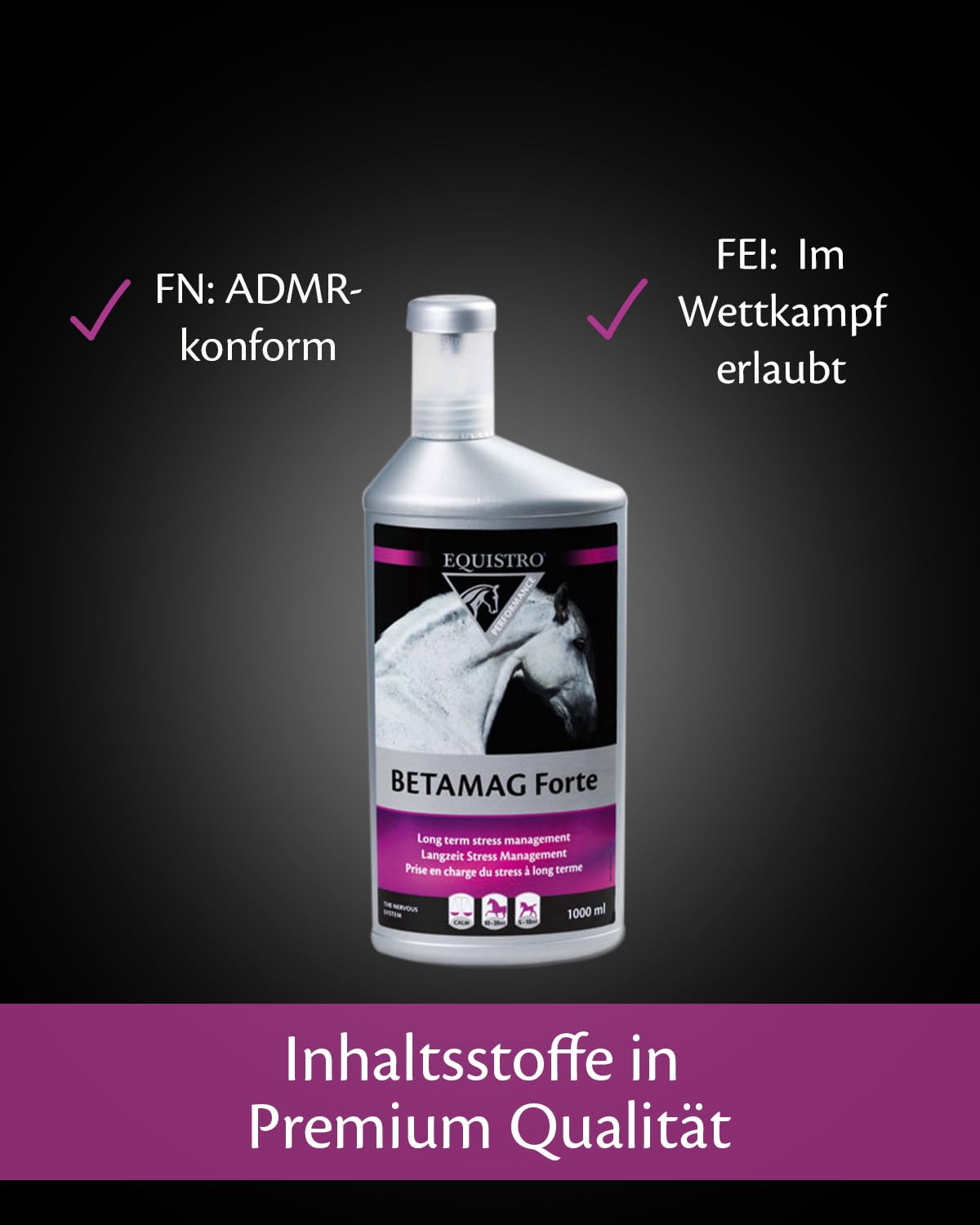 EQUISTRO® Betamag Forte, mangime complementare per cavalli con magnesio e zinco, per ridurre i comportamenti indesiderati, favorisce il benessere e l'equilibrio, qualità premium, 1 l