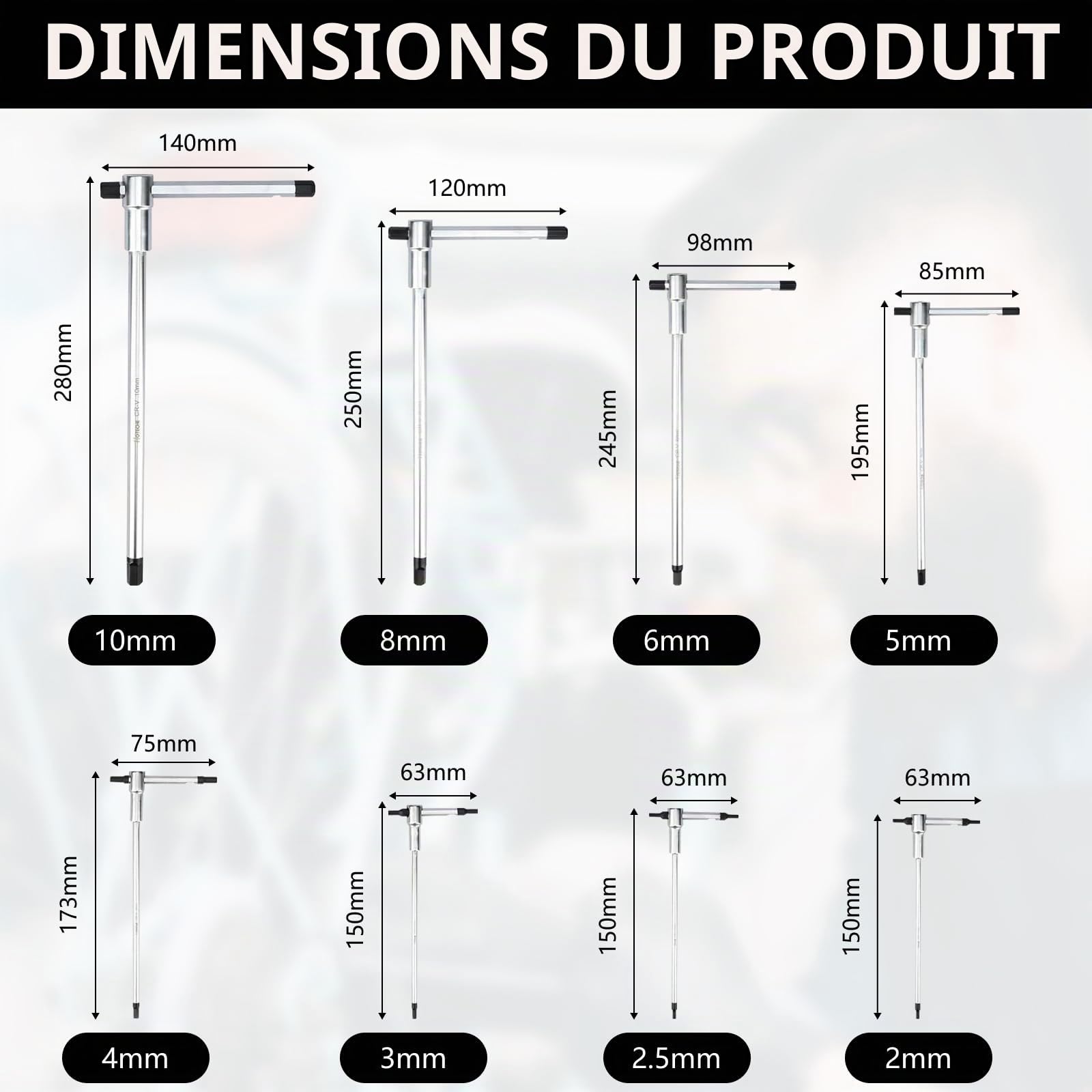Clé Hexagonale en Forme de T, 8Pcs Set T-Wrench Set Clé À Rallonge Vélo Clé Réparation Automatique Outils 2/2,5/3/4/5/6/8/10 mm Jeu D'écrous Allen Chromés Mats