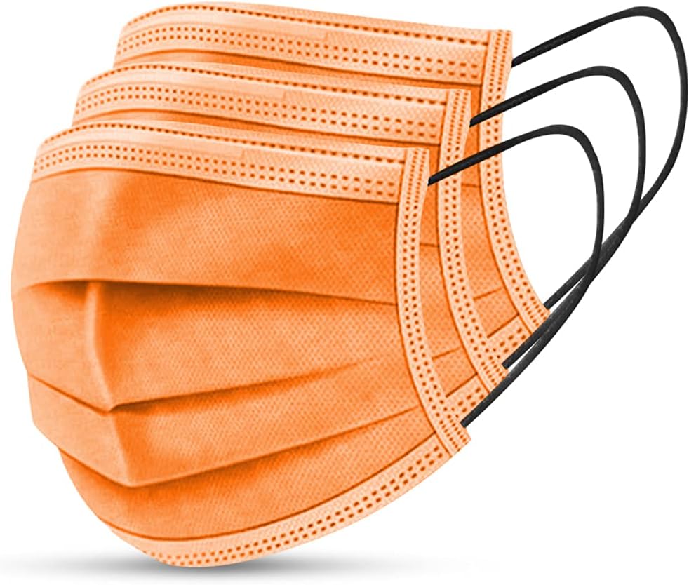 50 PCS Orange Disposable Face Masks 3-Ply Filter Earloop Mouth Cover, Face Mask