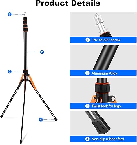 Miniatura 7 de Soporte de luz de viaje portátil de 86.6 pulgadas7.2 ft de aleación de aluminio resistente, peso ligero, trípode con bolsa de transporte para