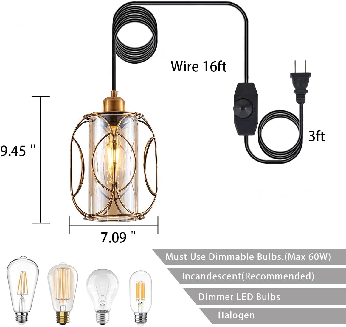 YLONG-ZS Gold Pendant Light Plug in,Glass Hanging Lamp Dimmable, Vintage Swag Ceiling Lamp for Kitchen Island,Bedroom,Living Room,Dining Room