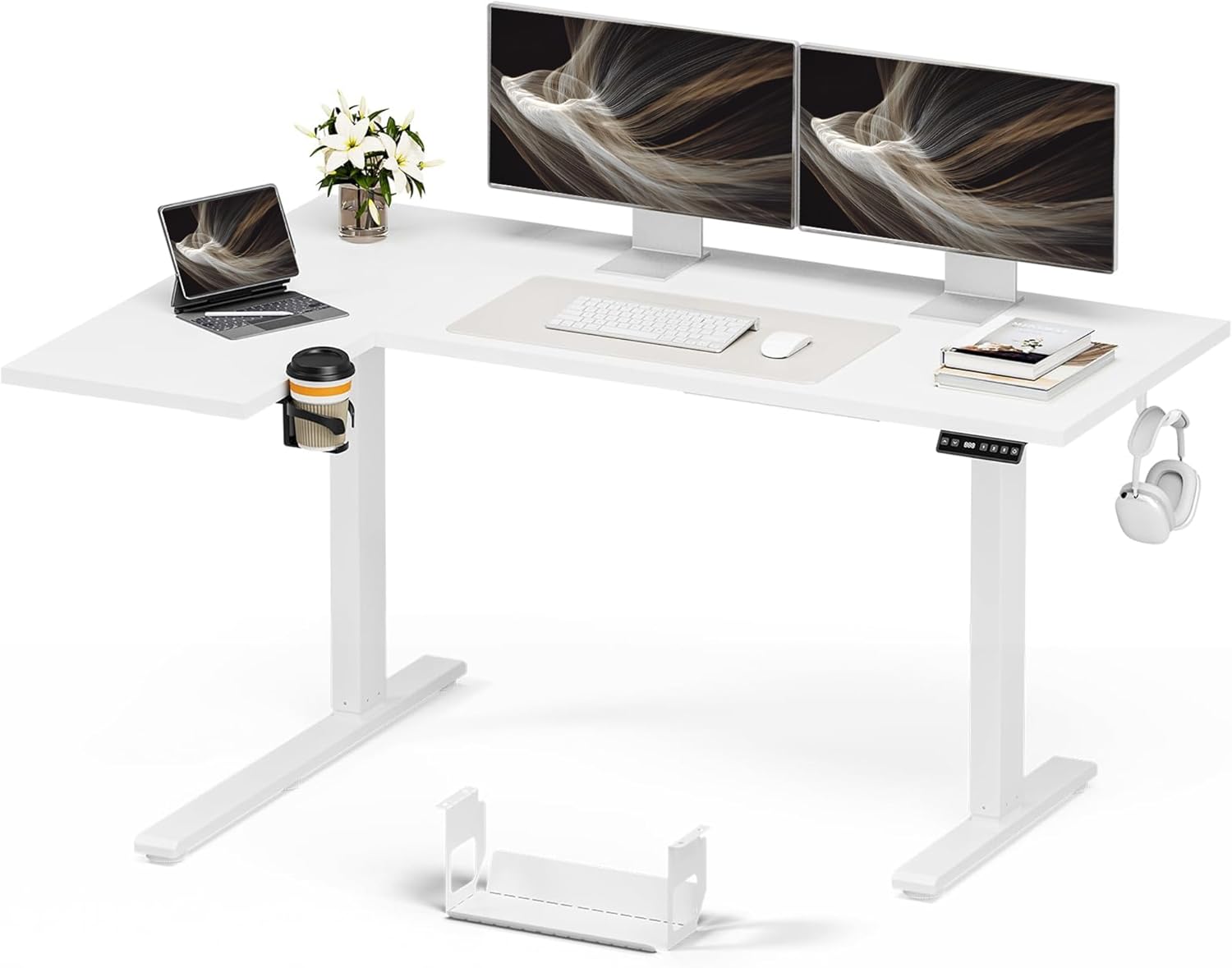 Muvai L Shaped Standing Desk with Cable Management Tray, 71 Inch Height Adjustable Electric Standing Corner Desk, Sit Stand Up Work Table for Home Office, Gaming with Reversible Splice Board, White