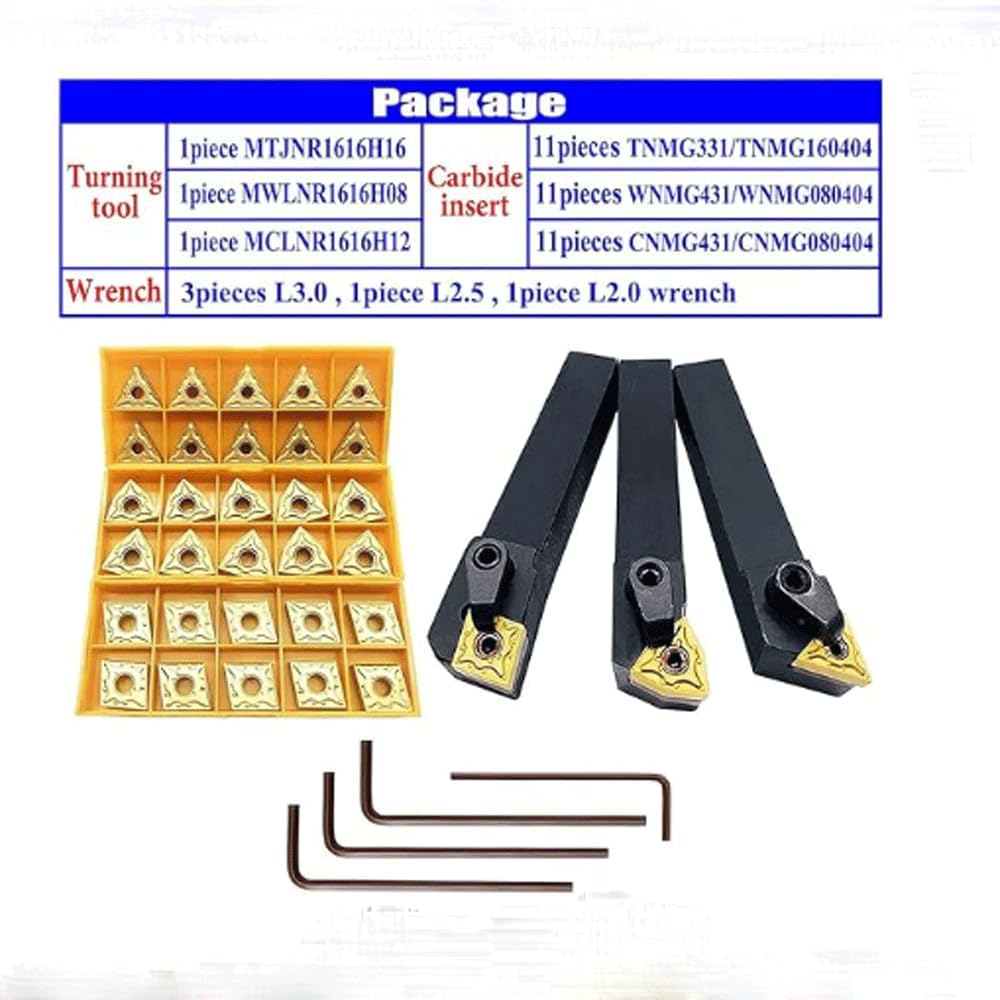 5/8 "36PCS Portaherramientas de torneado externo de torno CNC indexable MTJNR1616H16 + MWLNR1616H08 + MCLNR1616H12 con WNMG 431+ CNMG431+TNMG331 Insertos de torneado rotatorio de carburo.