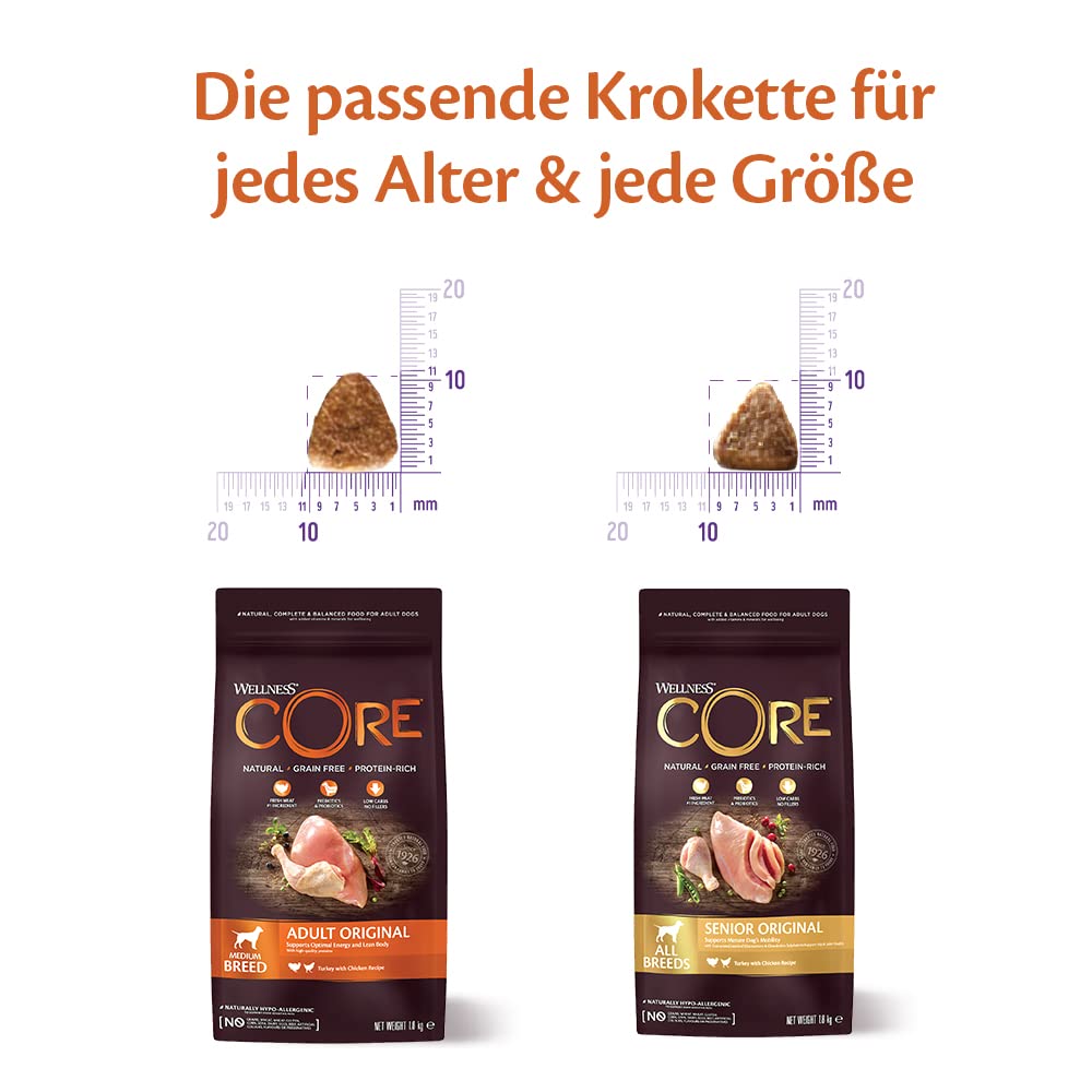 Wellness CORE Senior 10 kg, Huhn & Truthahn – Hundefutter Trocken für ältere Hunde ab 7 Jahren, getreidefrei, natürlich, hypoallergen, proteinreich, unterstützt gesunde Hüften und Gelenke