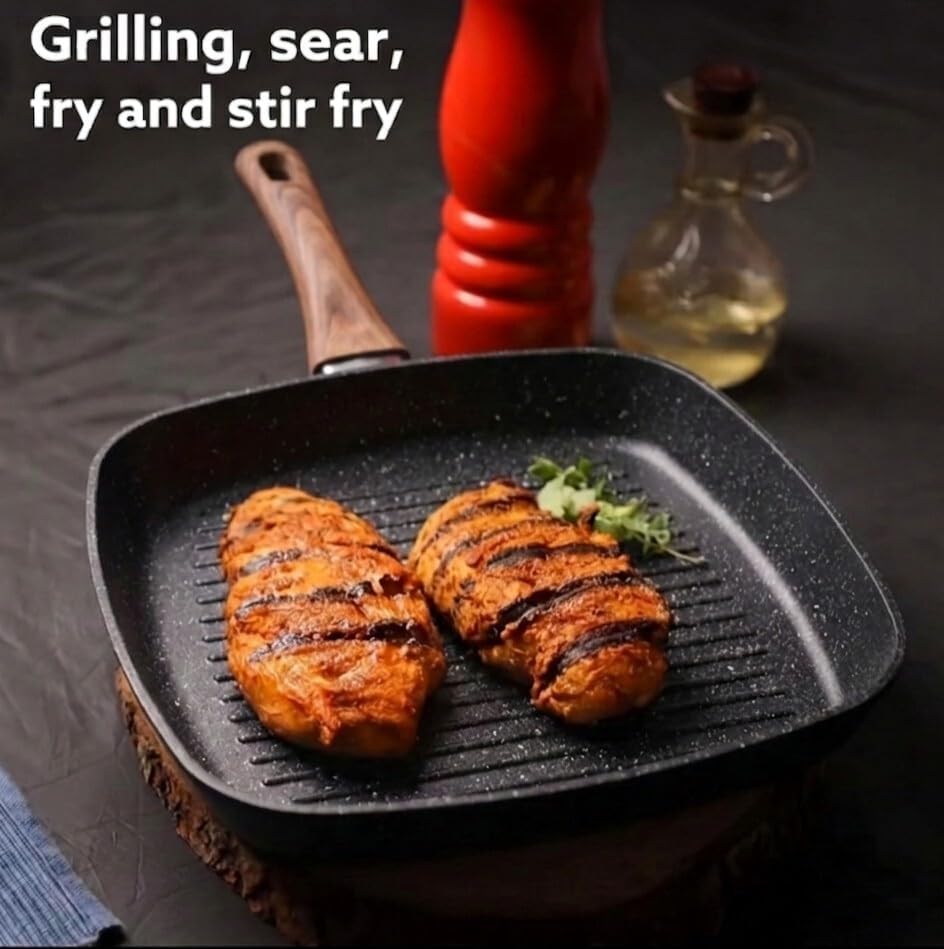 Image of Niyam Nonstick Grill Frying Pan with Cool Touch Handle,Stove Top Square Grill Pan for Big Cooking Surface, Durable Grill Skillet,Scratch Resistant, PFOA Free Low Oil use, (Black, 28 cm Square)