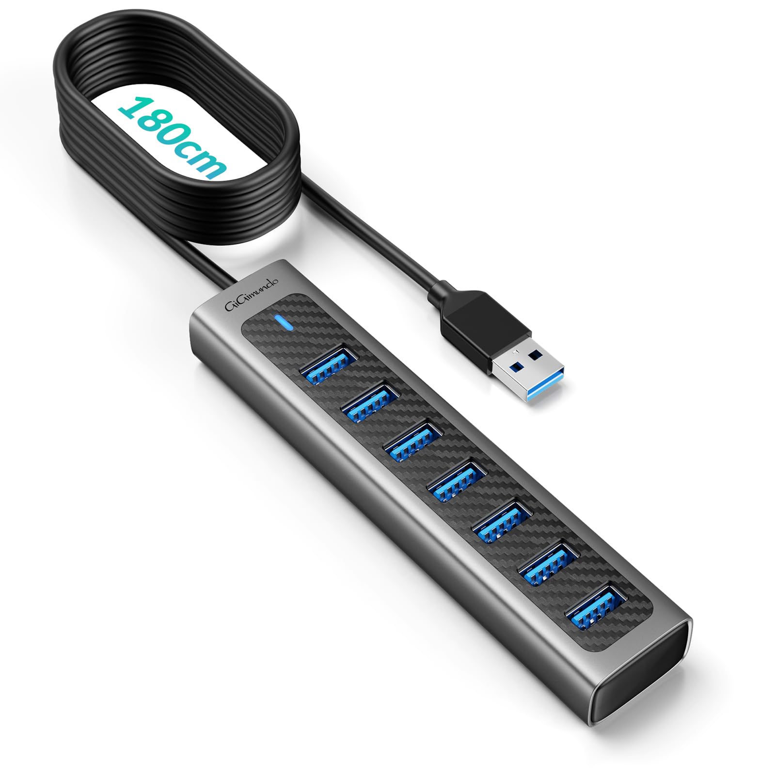 GiGimundo HUB USB 3.0, Hub USB 3.0 in Alluminio a 7 Porte per Laptop, Cavo Lungo 1,8m con Porta di Alimentazione Type-C 5V/3A, Compatibile con MacBook, PS4, Surface Pro, HDD Mobile (1,8m)