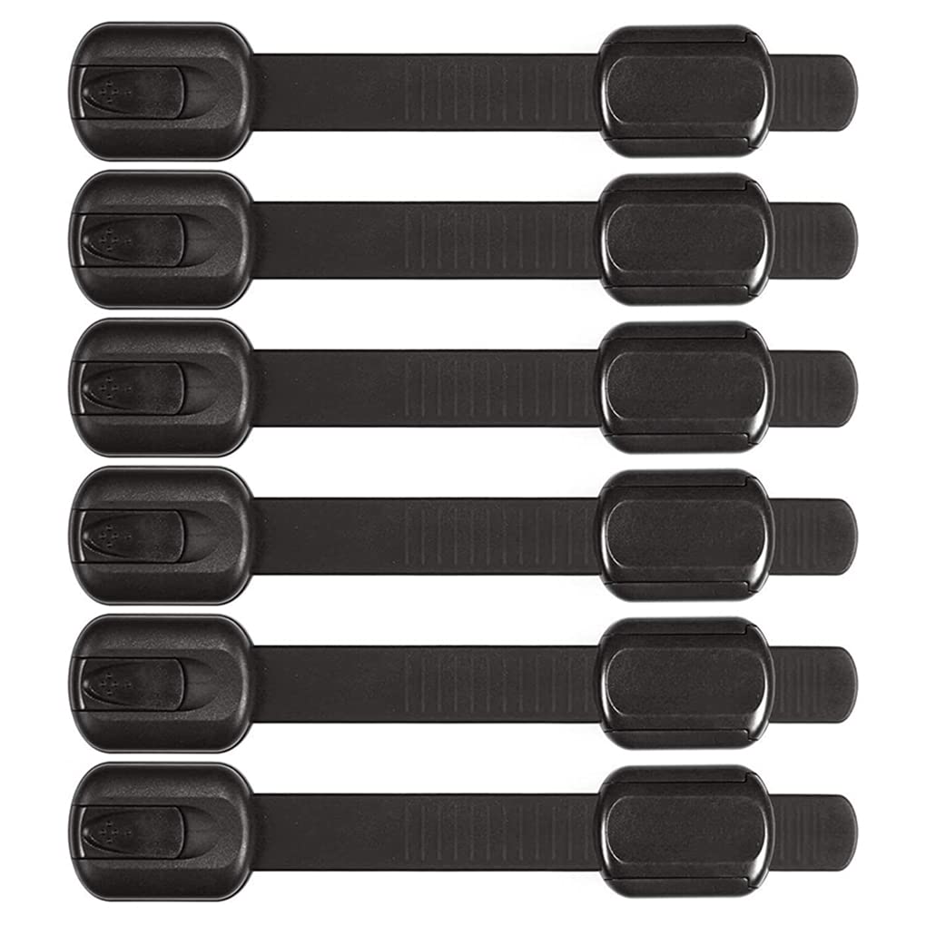 6 Pack Security Strap Locks, 7.56 x 1.34 x 0.47 inch Toilet Lock No Drilling Required,Easy Installation for Fridge, Cabinets, Drawers, Dishwasher More, Toilet- Adjustable Strap (Black)