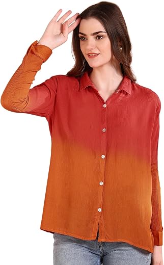 Maaesa Women Handmade Ombre Tie & Dye Rayon Shirt | Lightweight Breathable | Relaxed Fit | Long Sleeve Button-Down | Class...