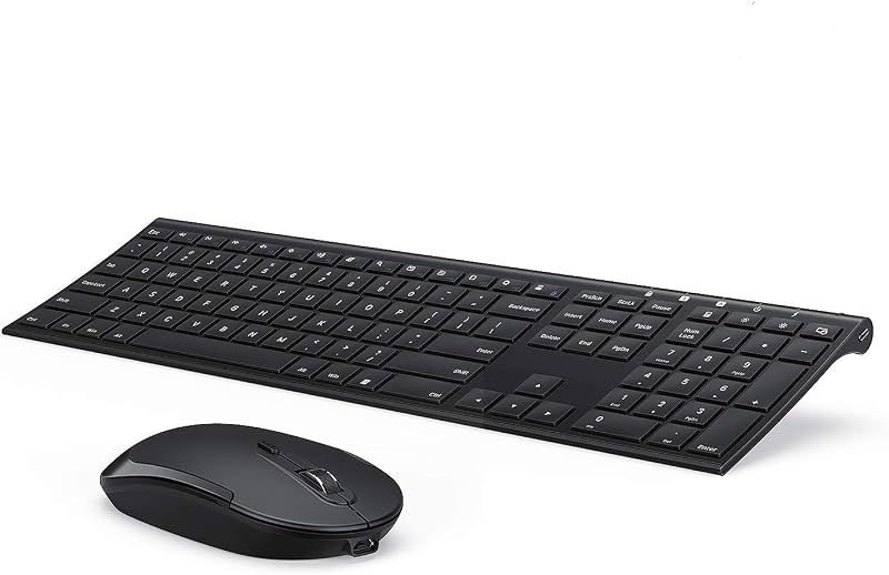 Teclado y mouse inalámbricos Vssoplor, recargable ultradelgado, negro | Conjunto combinado de teclado y mouse silencioso de tamaño completo, para computadora portátil, PC, computadora portátil, computadora de escritorio, conexión estable de 2,4 GHz, ideal para oficina