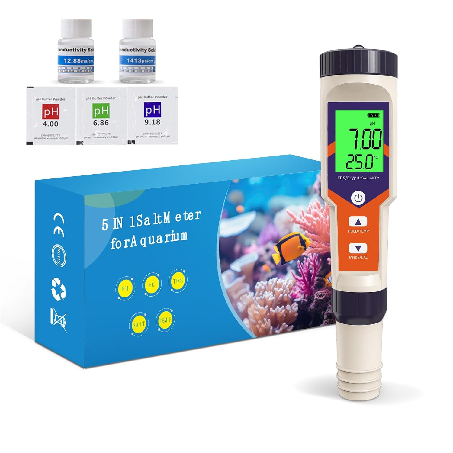 Box contents including pH meter and calibration powders