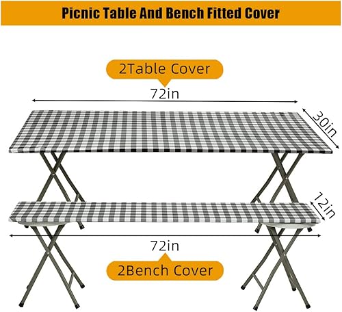Miniatura 2 de 3 fundas de mesa de picnic con fundas de banco, para interiores y exteriores, cubierta de mantel ajustable para caravana, camping, artículos