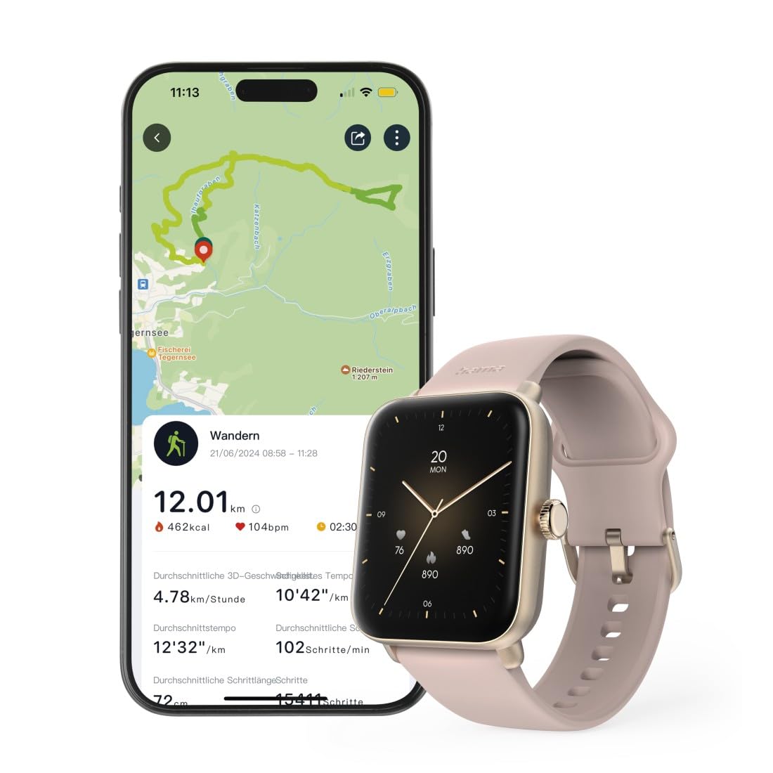 Hama Smartwatch 6010 (1,65" ekran TFT, GPS, wodoodporność IP68/3 ATM, rozmowy tel, asystenci Siri/Google, tętno, SpO2, VO2max, analiza snu, 100 trybów sportowych, powiadomienia) różowe złoto