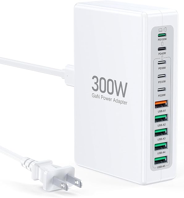 300W USB C Bloc de recharge rapide, mis à niveau 10-Port Hub de la station de recharge rapide,PD 100W 65W 45W 25W 20W Adaptateur d'alimentation de chargeur pour ordinateur portable MacBook Pro/Air,DELL,Deck à vapeur,iPhone 17/16,Galaxy S25/24