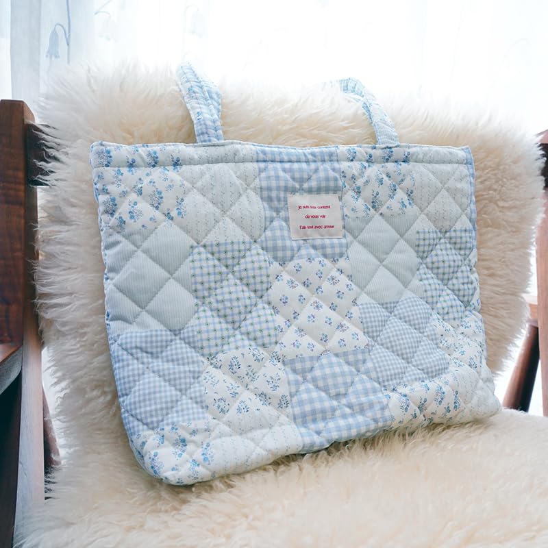 Image of Floral Quilted Cotton Shoulder Bag for Women Daily Use Medium Size Handbag Large Capacity Thickened Design Tote