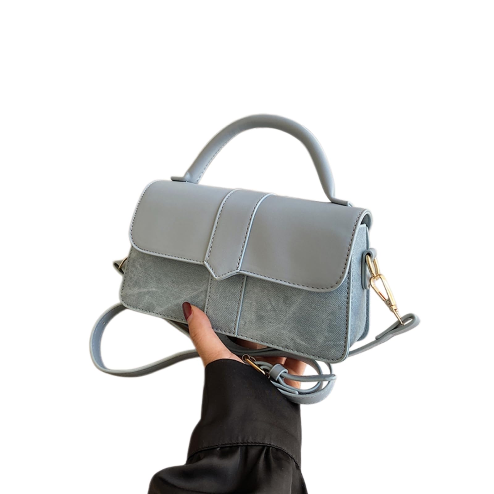 WANGSHUO Tasche Frauen Vintage Patchwork Kleine Satchel Tasche, Pu Leder & Denim Handtasche, Top Griff Crossbody Unterarm Schultertasche-zongse