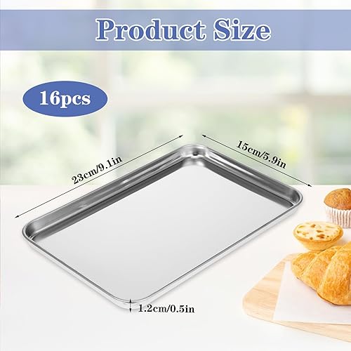 Miniatura 2 de 16 bandejas para hornear de acero inoxidable, bandejas de metal pequeñas, bandejas rectangulares profesionales para horno, horno y tostadora, (9.1 x