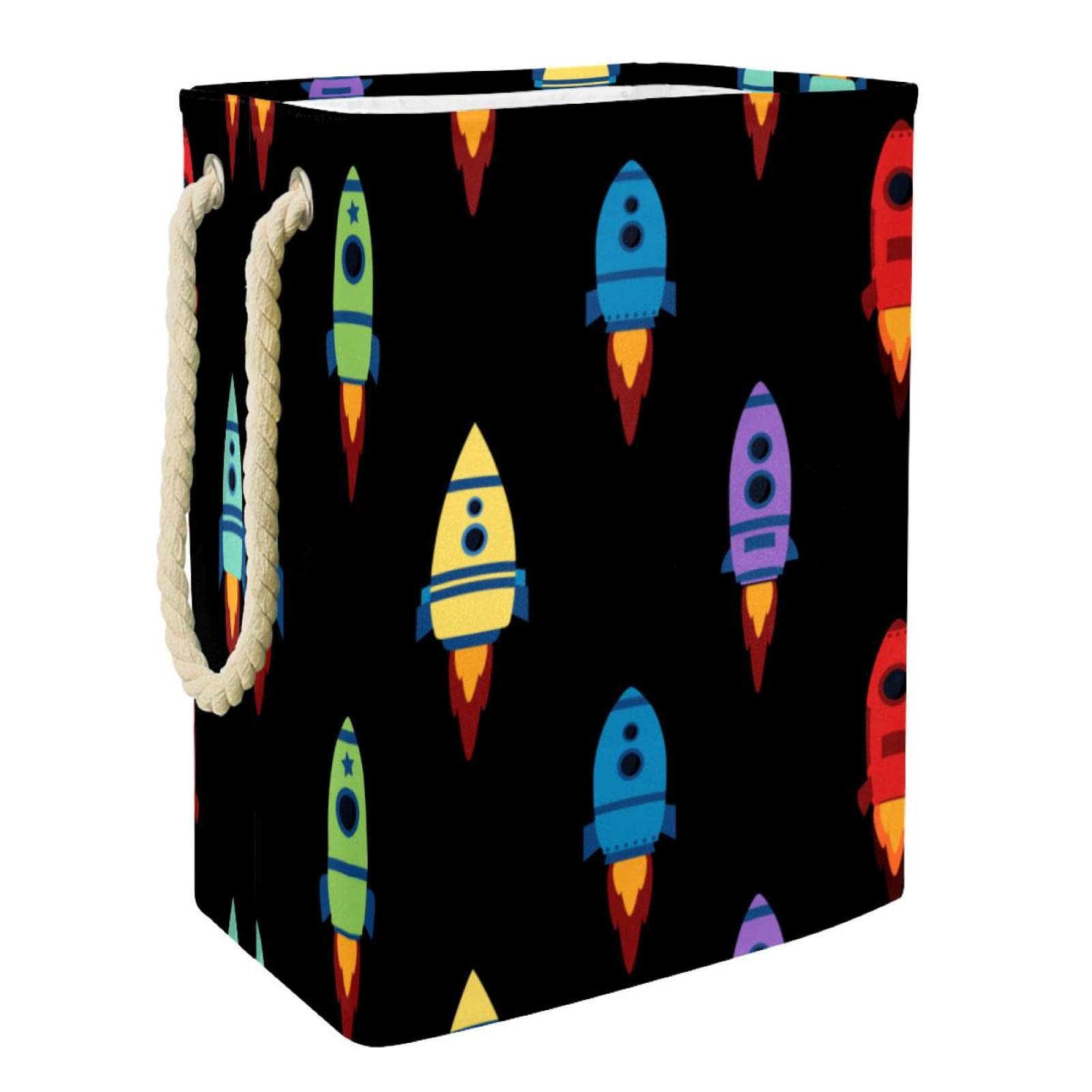 Grand panier à linge personnalisé à poignées motif vaisseau spatial noir pour trier les vêtements