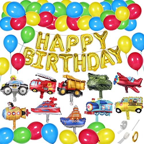 MSMANCY Transportation Birthday Decorations for Boys Birthday Party - Happy Birthday Banner,Transport Vehicles Foil Balloons Birthday Decor Kit for Kids Birthday (All Set)